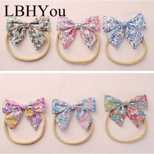 10pcs/lot Prints Bows Nylon Headbands Kids Girls Fabric Knotbow Elastic Nylon Hair Accessories Baby Soft Skinny Head Bands