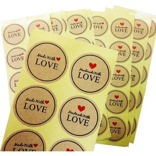 1000 Pcs/lot "Red Heart Hand Made With Love" Kraft Paper Stickers For Bread Christmas Gift Scrapbooking Seal Label Sticker