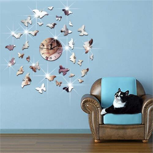 3D mirror quartz wall mirror clock sticker , Many crystal butterfly swirls mirror sticker wall clock sticker , mirror decal