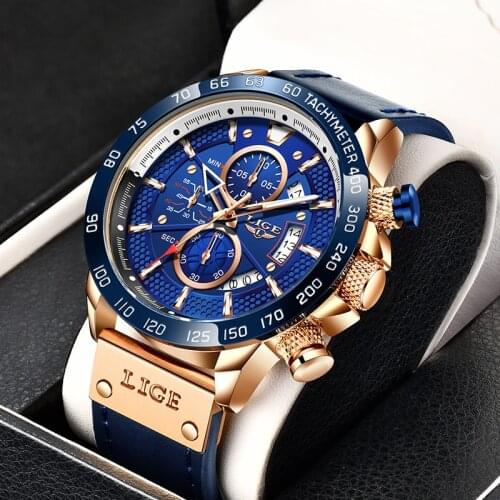 LIGE Classic Blue Leather Men Watch Top Luxury Chronograph Military Waterproof Men Quartz Wristwatches Casual Sports Watch Men