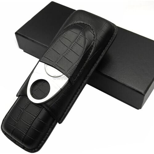 COHIBA Crocodile Pattern Black Leather Cigar Case Travel Leather Humidor Box W/Stainless Cigar Cutter Fit 2 Cigars Smoking Tool