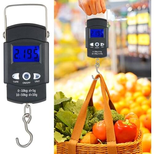 Electronic Weighing Scale 50Kg LCD Digital Display Hanging Hook Scale with Measuring Tape for Fishing Travel Suitcase