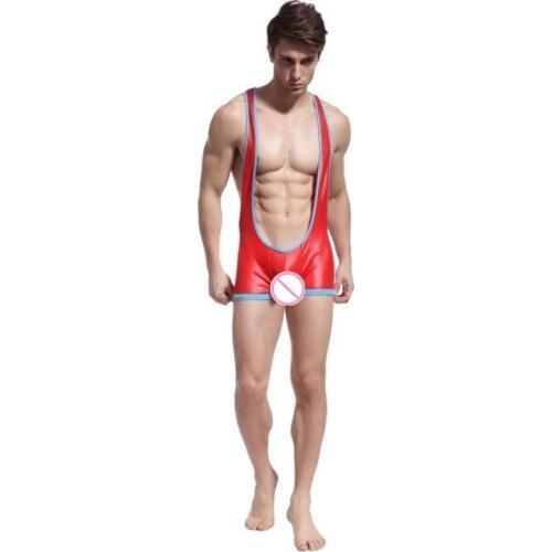 Hot Erotic Male Sexy Leather Latex Wrestling Singlet Jock Teddy Boxers Underwear Activewear Bodysuit Black Red Lingerie Leotard