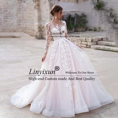 Hot Sale Long Sleeve Princess Wedding Dress 2021 Tulle Bride Dresses Chapel Train Appliques Bridal Gowns Vestido De Noiva