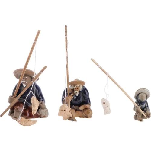 3pcs Ceramic Decor Fisherman Models Figure Ornament Fishing Models for Fish Tank Home