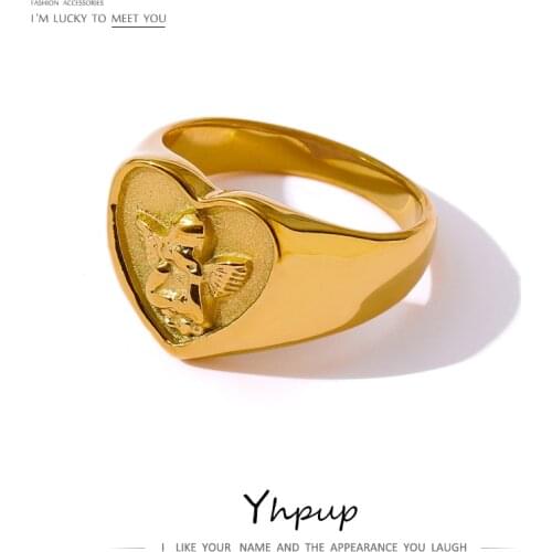 Yhpup Romantic Heart Stainless Steel Ring Fashion Metal 18 K Plated Waterproof Angel Ring Anniversary Jewelry Gift Bijoux Femme
