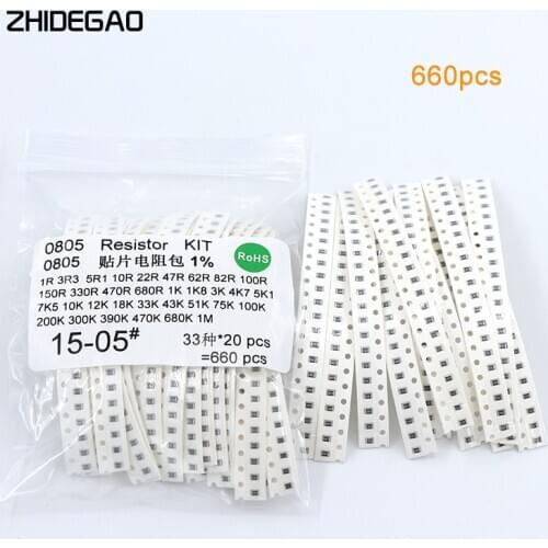 0805 SMD Resistor Kit Assorted Kit 1Ohm-1M Ohm 1% 33valuesX 20pcs=660pcs Sample Kit