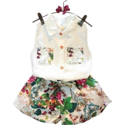 Summer Baby Girls Clothing Set Sleeveless Blouse+ Floral Pants 2pcs/set Kids Cotton Clothes Set 2-8 Years KF990