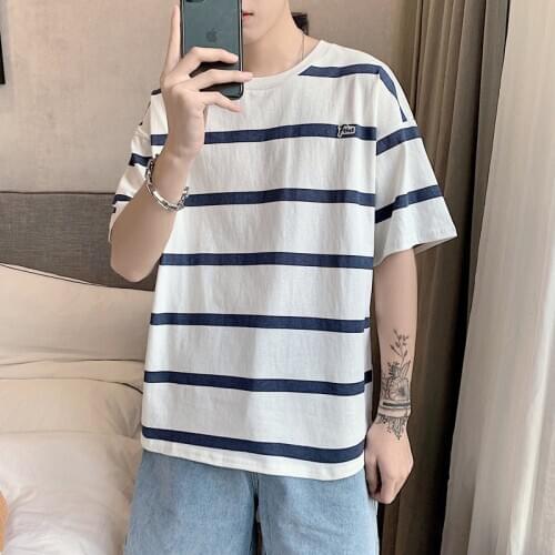 2021 Hot Sale New Teen Striped Simple Mens T-Shirt Harajuku Fashion Oversize Daily All-Match Clothes High Quality Funny Tops