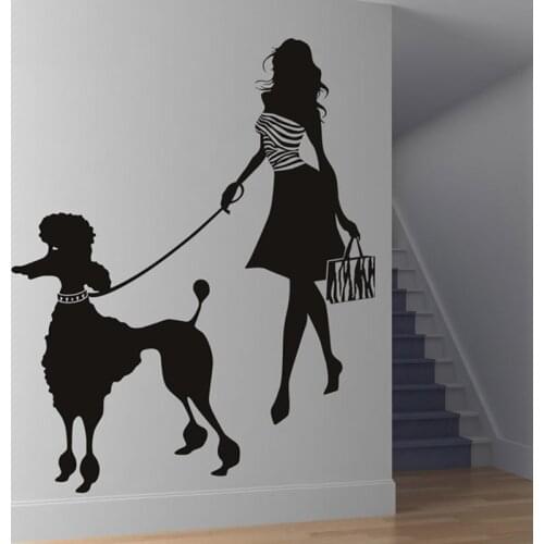 Fashion Lady Custom Made Colour Modern Girl And Poodle Wall Sticker Poodle Wall Decal Art Dog Wall Stickers Home Decor 117x145cm