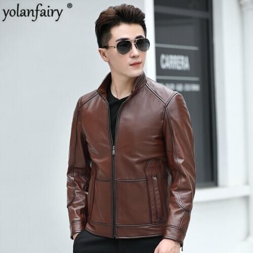 Genuine Leather Jacket Men Short Cow Leather Jacket Spring Autumn Brown Coat Men Plus Size Chaqueta Cuero Hombre MQ8815 Pph412