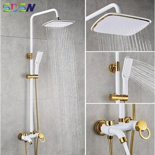 Shower Set SDSN Single Handle Bahthroom Shower System White Gold Bath Shower Set Quality Copper Brass Bathtub Shower Faucet