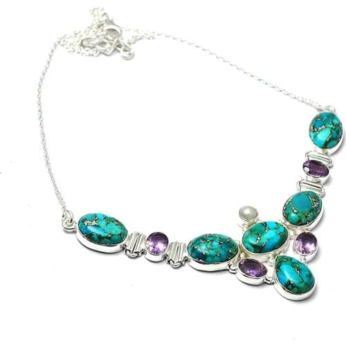 Genuine Blue Copper Turquoise + Amethyst Necklace 925 Sterling Silver, 47.5 cm,MHBNE0219