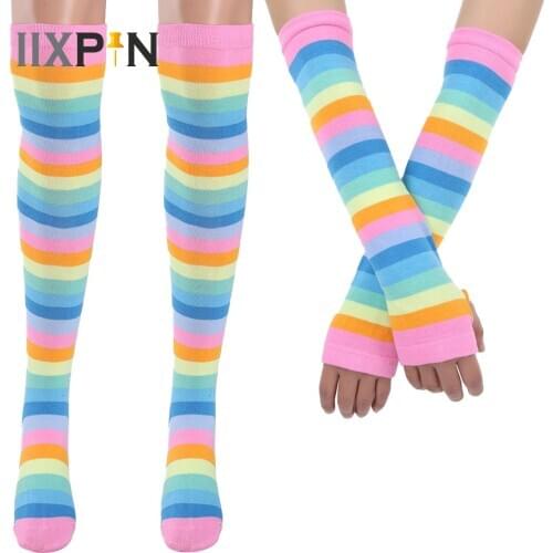 Women Girls Fancy Rainbow Colorful Stripes Long Socks Halloween Cosplay Costume Knitted Thigh High Socks+Arm Warmer Gloves Gift