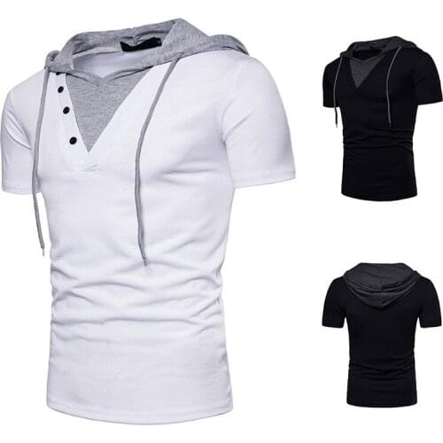 2021 Summer Men Cotton New Hooded Short-sleeved Solid Color T Shirt Korean Edition Trend Fake Two Mens Casual T Shirt Design