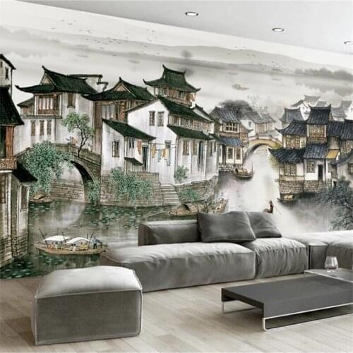 Beibehang Custom wallpaper 3D photo mural ink painting Jiangnan water town TV background wall decorative painting 3D wallpaper