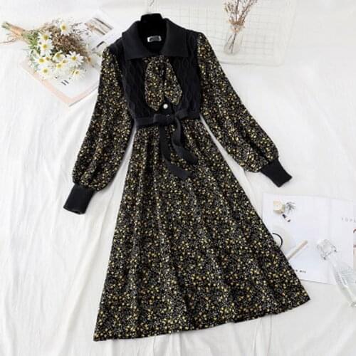 Autumn Winter Vintage Holiday Dress Women Elegant Floral Print Long Dress Knitted and Corduroy Patchwork Bow Party Dress