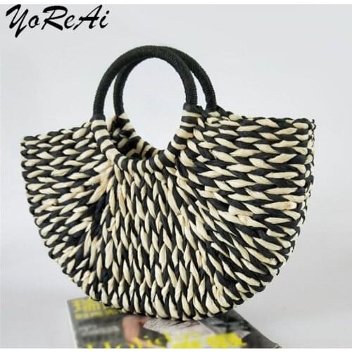 YoReAi Women Handbag Rattan Wicker Straw Woven Half-round Bag Large Capacity Female Casual Travel Handmade Tote Summer Fashion