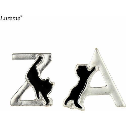 Lureme Silver Alphats "A"&"Z" Black Cat Stud Earrings Animal Jewelry Gift (er005753)