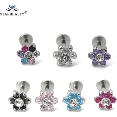 1pc/lot 16G 1.2*6/8mm Flower Zircon Kylie Lip Piercing AAA Zircon Nose Piercing labret Stud Earring for Women Men Surgical Steel