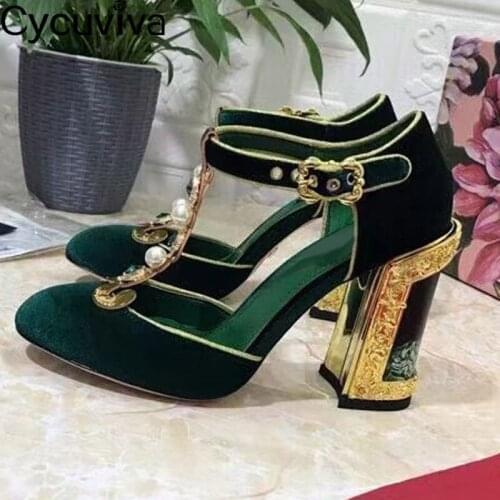 Retro Flock Painted High Heel Shoes Women Round Toe Buckle Strap Pumps Ladies Shoes Designer Pearl Decorate Sandals Women Shoes