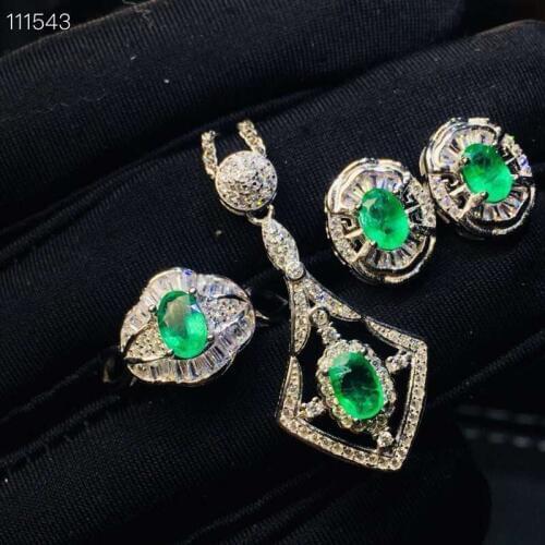 Restoring geometry S925 silver natural green emerald gem ring Pendant earrings natural gemstone jewelry set woman party gift