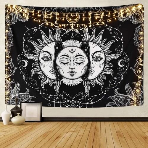 Sun and Moon Tapestry Burning Sun with Star Tapestry Psychedelic Tapestry Black and White Mystic Tapestry Wall Hanging