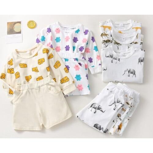 1-6Y Casual Kids Girls Boys Clothes Sets 2pcs Cartoon Printed Long Sleeve Pullover T Shirts Tops Short Pants Outfit