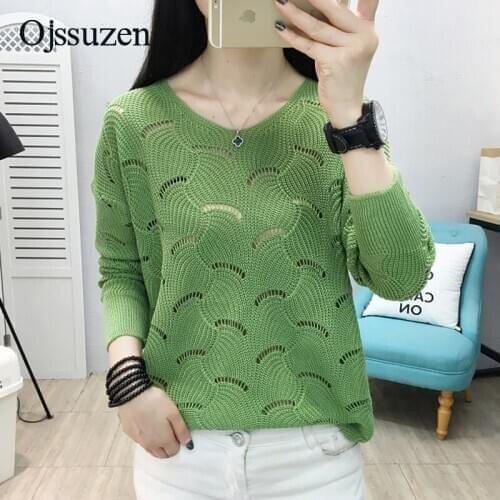 Spring Autumn Sweater Women Thin O Neck Long Sleeve Green Pink Beige Hollow Out Knitting Pullover Female Cool Clothes Woman