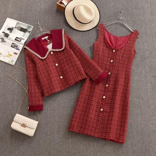 High Quality Autumn Winter Tweed 2 Piece Set Women Outfits Elegant Plaid Short Jacket Coat + Woolen V Neck Vest Dress Suits