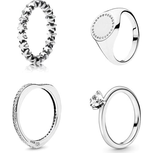 S925 Sterling Silver Circle Stamp Ring Womens Love Heart Stackable Ring Heart Shape Shiny Arc Clear CZ Pure Simple Style