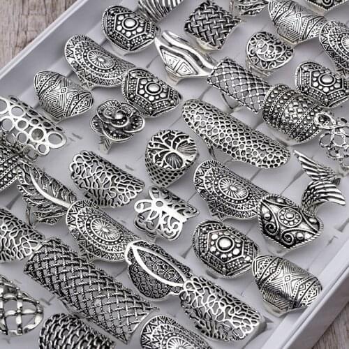 20 pcs/lot Vintage Flower Rings for Women Antique Silver Color Finger Ring Party Gifts Wholesale Dropshipping