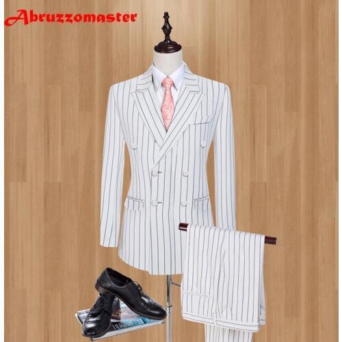 2020 Wedding Suits Pinstripe Groom Tuxedos Double Breasted Groomsman Suit Custom Made Man Suit Smart Casual Suits Jacket+pants