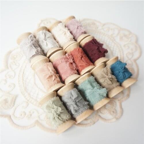 3 pcs Handmade Frayed Edged pure Silk Ribbon with Wood Spool Wedding Invitation Bouquets 25mmx2m Sheer Fringe Ribbon Flatlay INS