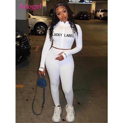 Adogirl Lucky Label Embroidery Ribbed Two Piece Set Turtleneck Long Sleeve Crop Top Pencil Pants Tracksuit