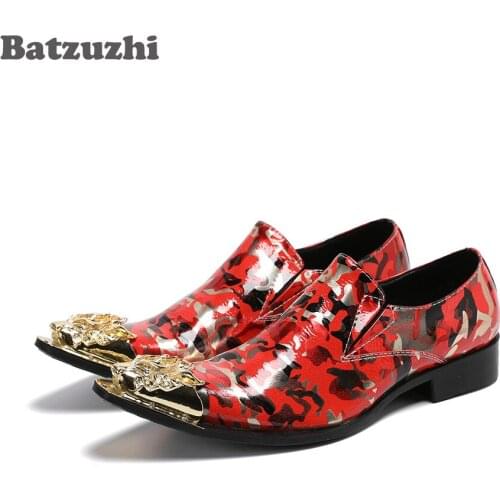 Batzuzhi British Style Handmade Mens Oxford Shoes Metal Tip Handsome Leather Dress Shoes Men Red Business, Party and Wedding