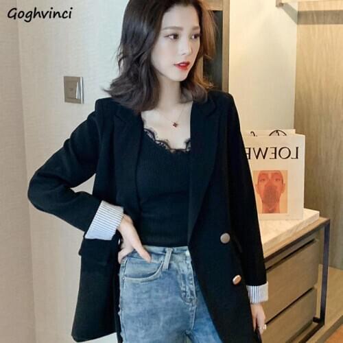 Blazers Women Spring Chic Double-breasted Solid Slender Fashion Elegant Commuter Females Outwear Black Loose Notched Simple New