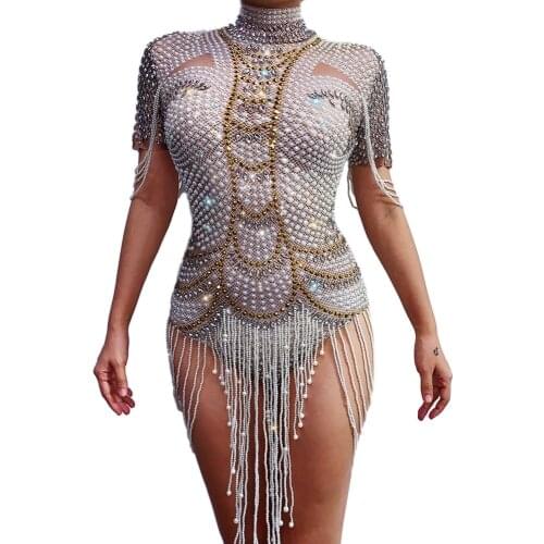 Sparkly Pearls Crystals Bodysuit Women One-piece Nude Outfits Celebrate Party Glisten Leotard Rhinestones Costumes Singer Wear