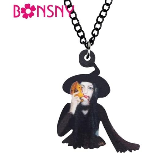 Bonsny Acrylic Halloween Black Evil Magical Witch Necklace Chain Collar Pendant Choker Jewelry For Women Kid Teen Accessory Gift