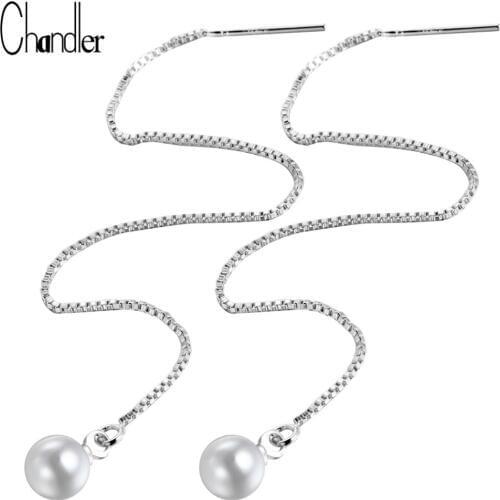 Chandler Long Tassel Thread Cuff Earring Simulated Pearl Drop Bohemia Dangle Bar Line Earrings Statement Wedding Jewelry Gifts