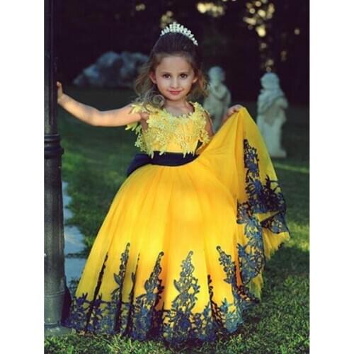 Yellow Flower Girl Dresses For Weddings Ball Gown Hi Low Tulle Tiered Long First Communion Dresses For Little Girls