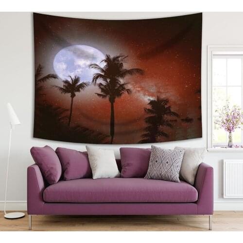 Tapestry Palm Tree Tropical Beach Night with Milky Way Stars and Full Moon in Vintage Colors Retro Style Artwork Brown blue