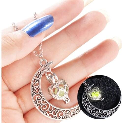 Halloween Luminous Beads Moon Pendant Necklace Fashion 4 Colors Hollowing Neck Jewelry for Women Christmas Gift Accessories 2020