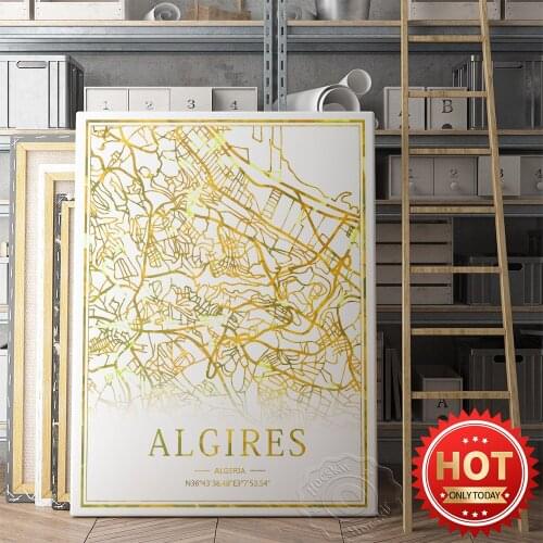 Algiers City Street Gold Foil Art Map Poster, Modern World City Map Wall Art Sticker, Minimalism Living Room Home Decor Mural