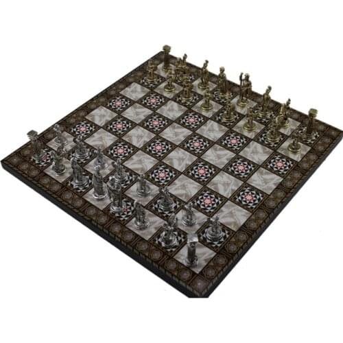 Small Size Metal Roman Chess set And Pearl Decorated Small Board (30x30 Cm.) High Quality Elite Product