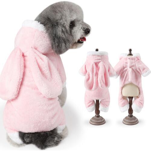 Cute Plush Pet Pink Rabbit Turned Dress Dog Clothes Rabbit Ear Hoodie Plush Dog Apparel Dog Jumpsuit Pet Supplies For Cat Dog