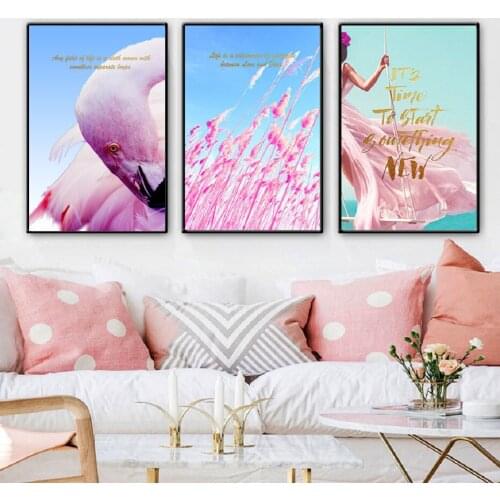 Nordic Pink Sweet Love Flowers Wall Art Canvas Paintings Animals Flamingo Wall Art Prints and Posters Grils Bedroom Home Decor