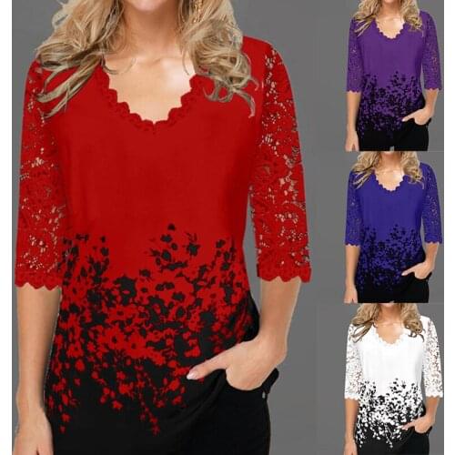 New Women V Neck T Shirt Half Sleeve Print Floral Spring Pullover Hollow Out Lace Female Casual T Shirt Top Fashion