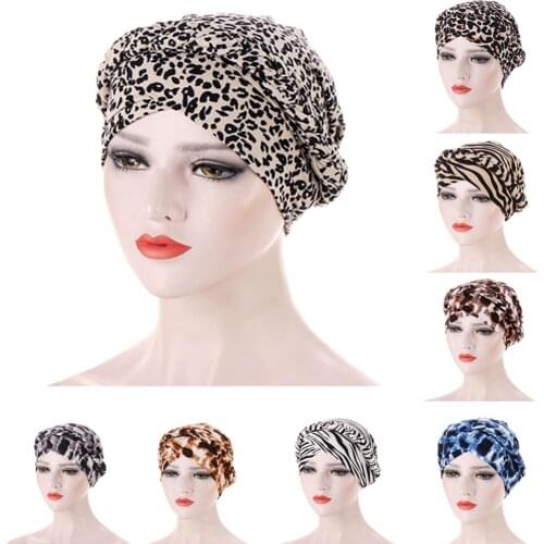 New Women Hijab Inner Cap Muslim Instant Hat Idnain Turban Leopard Print Chemo Cap Hair Loss Cover Beanie Honnet Head Scarf Wrap