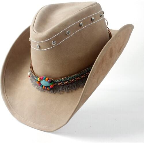New Womens Mens Leather Cowboy Western Cowgirl Fedora Hat Tassel Turquoise Bead Leather Band